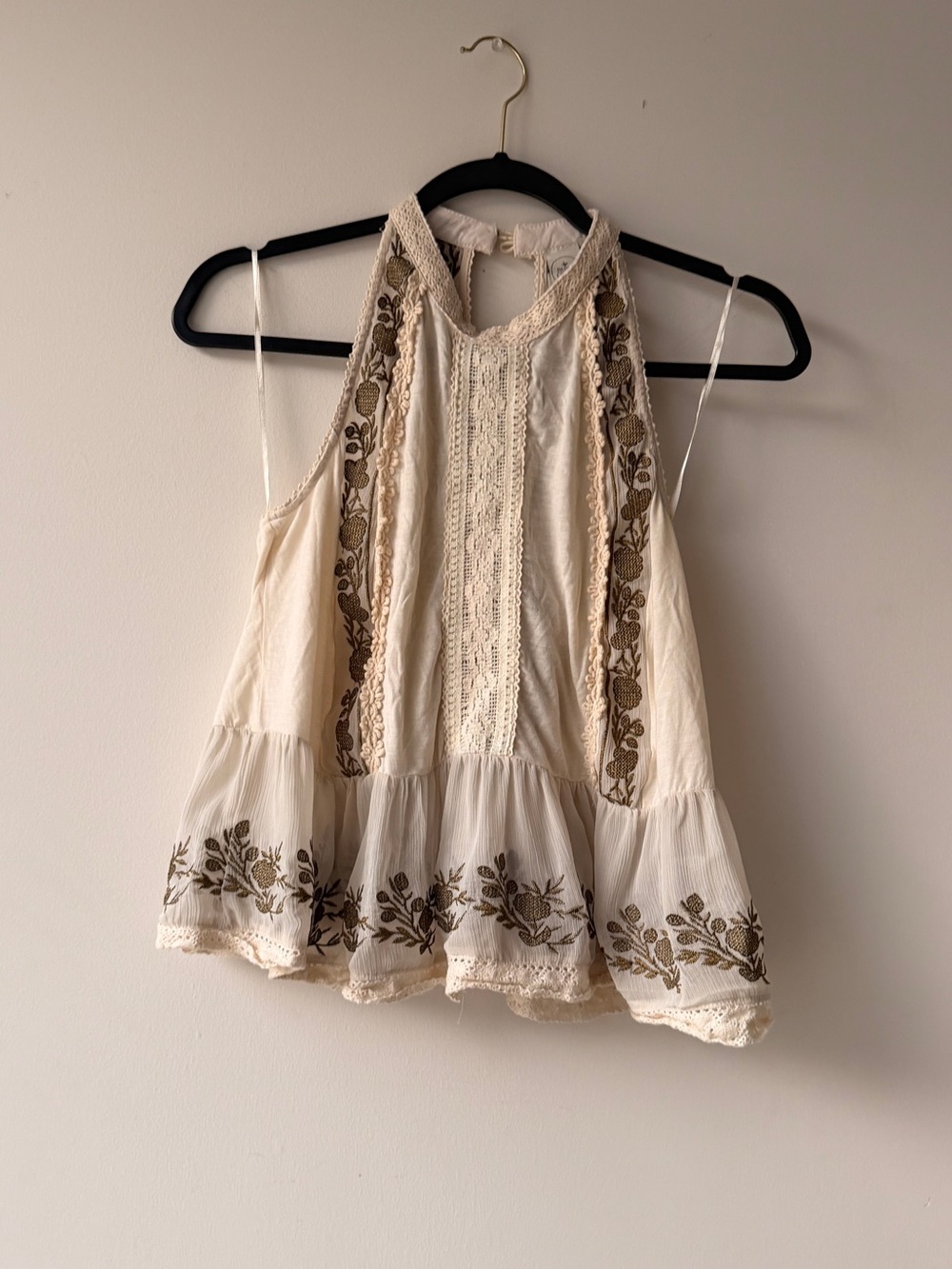 Paper Crane Cream Halter Camisole with Brown Floral Embroidery